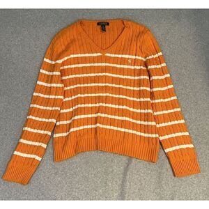 Ralph Lauren Sweater Womens XL Orange White Stripe Cotton V Neck Cable Knit LRL‎